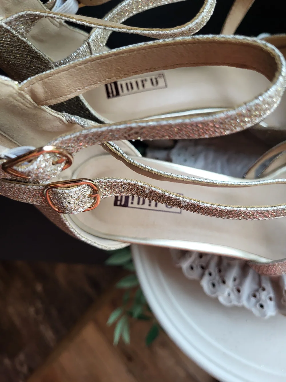 IDIFU Gold Glitter Platform Heels with Double Ankle Straps